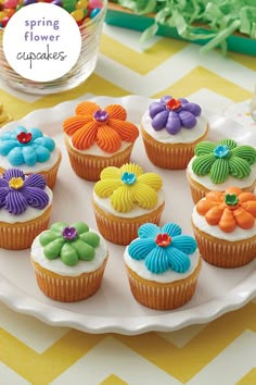 cupcakes decorated with colorful icing on a plate