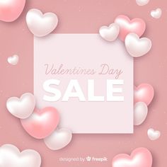 valentine's day sale poster with hearts flying around the frame on a pink background