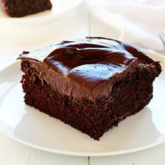 a piece of chocolate cake on a white plate