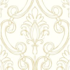 an art nouveau style wallpaper pattern with swirls and scrolls in gold on white