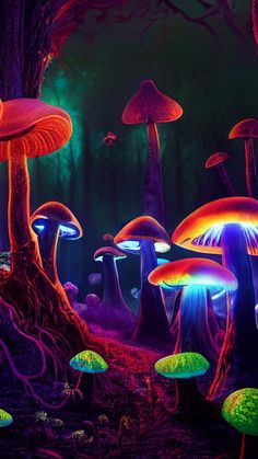 many different colored mushrooms in the dark forest with trees and grass on both sides, all lit up at night