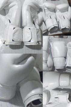 several photos of white boxing gloves in different positions and sizes, including one for the left hand