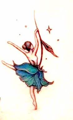 a drawing of a ballerina in blue dress with stars on the wall behind her