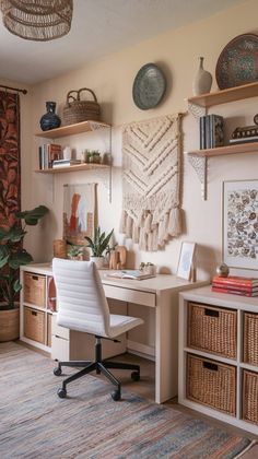 a home office with wicker baskets on the wall and shelves above it, along with a white chair