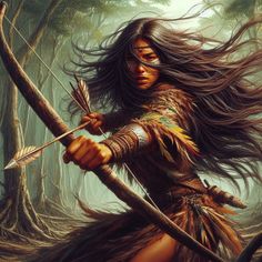 a painting of a native american woman holding a bow and arrow in the woods with long hair