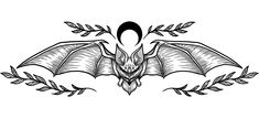 a black and white drawing of a bat with wings on it's head, surrounded by leaves