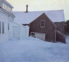 an oil painting of two barns in the snow with a lighthouse on top of one