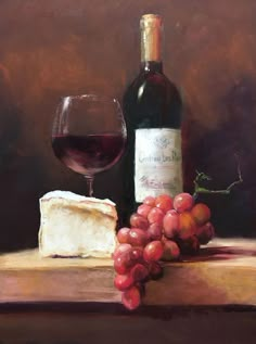 a painting of a bottle of wine and some grapes next to a piece of cheese