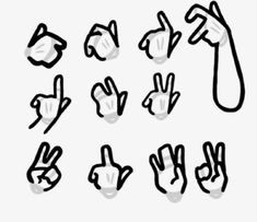 various hand gestures drawn in black and white