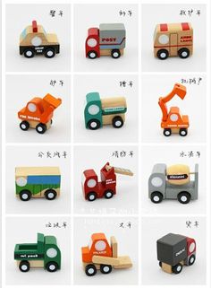 many different toy trucks and cars are shown in this set, including one truck with a crane on the back