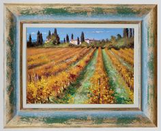 an oil painting of a vineyard with trees and houses in the background, framed on canvas