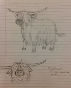 two sketches of animals on lined paper, one with an animal's head and the other with long horns