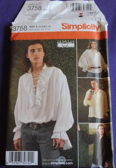 Simplicity 3758 Sewing Pattern for any Pirate, Medieval or Renaissance costume.  The pattern is uncut, and factory folded.  Large blousy sleeves, ruffles or plain, it's all included in the pattern making it very versatile.  All sizes included:  XS, S, M, L, XL. Medieval Shirt, Puffy Shirt, Poet Shirt, Costume Sewing Patterns, Shirt Sewing Pattern, Costumes For Teens, Pirate Shirts, Costume Patterns, Costume Shirts