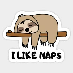 a sticker that says i like naps with a slotty sleeping on a branch