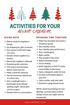 an advertisement with the words, activities for your agent's calendar and christmas trees