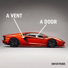 an orange sports car is shown with the words, a ventt and a door