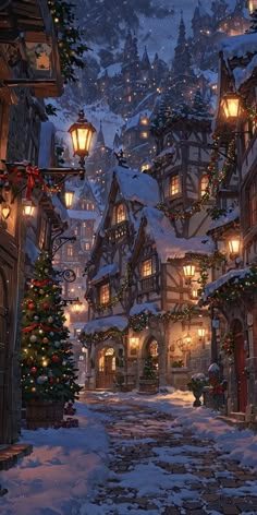 a snowy street with christmas decorations and lights