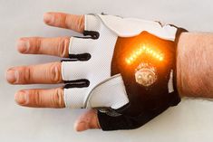 a man's hand with a light up glove on it, and the fingers are visible