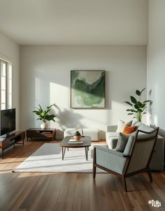 a living room filled with furniture and a painting on the wall above it's fireplace