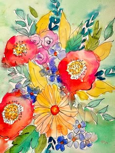 a watercolor painting of flowers on a green background