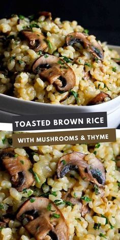 mushroom and thyme brown rice with mushrooms in a white bowl