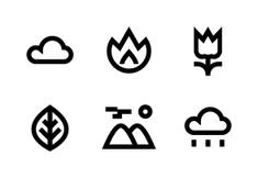 black and white icons on a white background including trees, clouds, leaves, mountains