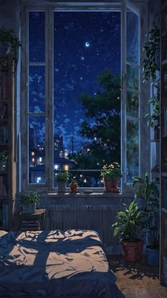 a room with a bed, bookshelf and window overlooking the city at night