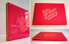 three different views of the inside of a red folder