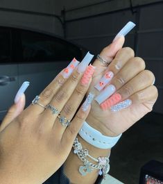 Peach And White Nails Acrylic, Colored Nails Acrylic, Peach Acrylic Nails, Orange Acrylic Nails, Nail Board, Hard Nails, Diy Acrylic Nails