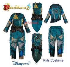 the princess and the frog costume for girls is shown in blue with gold trims