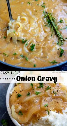 two pictures side by side one with onion gravy and the other with mashed potatoes