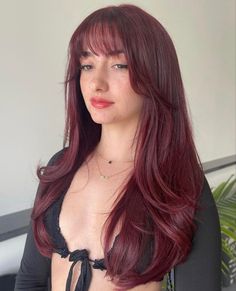 Cherry Coke Color Hair, Dark Hair Balayage With Bangs, Deep Crimson Hair, Dark Feminine Hair Color, Hair For Latinas, Long Dark Red Hair With Curtain Bangs, Dark Red Hair Makeup, Cherry Red Hair With Money Pieces, Cherry Coke Hair With Bangs