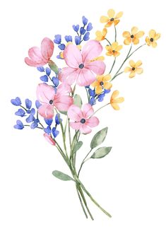 watercolor painting of pink, yellow and blue flowers