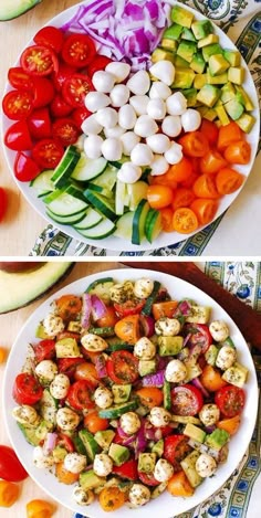 two plates filled with different types of vegetables on top of each other, and the same plate