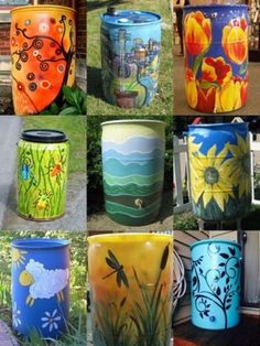 there are many different painted vases on the ground together in this collage with flowers and birds