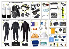 scuba equipment is shown in this image with the names and description on it's side