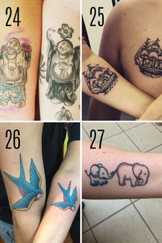 four different tattoos on the arms and arm, with numbers in each section below them