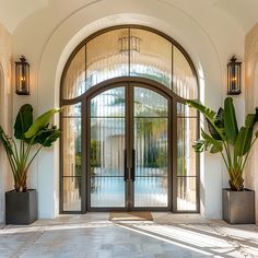 the entrance to an elegant home with large glass doors and potted plants on either side