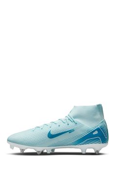 the nike superfly fg soccer shoe is shown in light blue and white colors