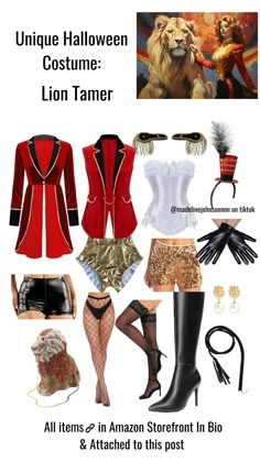 an image of some clothes and accessories for the halloween costume contest, including lion tamer