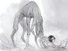 a drawing of a man kneeling down next to a dog with his head in the ground