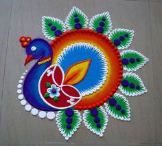 colorful peacock design on the ground for diwaling or decorating it's home