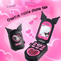 the cell phone is designed to look like a cat with pink hearts on its face