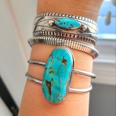 Vintage Sterling Silver Large Turquoise Stone Native Design Adjustable Tarnished In Good Pre-Owned Condition Blue Oval Sterling Silver Cuff Bracelet, Unique Blue Oval Cuff Bracelet, Native Design, Turquoise Bracelet Cuff, Turquoise Cuff, Silver Turquoise, Turquoise Sterling Silver, Turquoise Stone, Vintage Sterling Silver