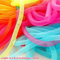 multicolored streamers on white background with text overlay that reads length 32 8 / 10 m diamer 16mm