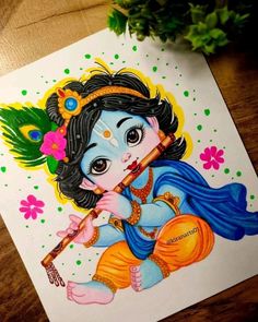 Radha Krishna Cute Painting, Kanha Ji Rangoli, Rangoli Designs For Krishna, Cute Krishna Illustration, Cute Krishna Ji Drawing, Cute Krishna Rangoli, Radha Krishna Art Paintings Easy, Little Krishna Rangoli, Anime Krishna Drawing