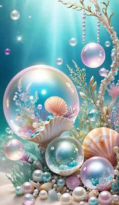 an underwater scene with bubbles, pearls and other sea creatures on the bottom of it