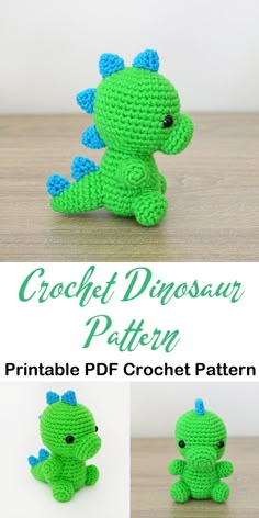 the crochet dinosaur pattern is shown in three different pictures, including one with blue wings