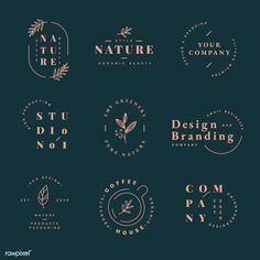 six logos for coffee shop and restaurant with gold foil on black background, including the words nature