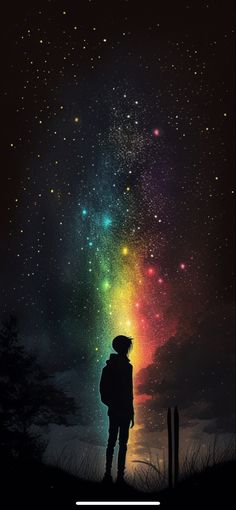 the silhouette of a person standing in front of a colorful star filled sky with stars